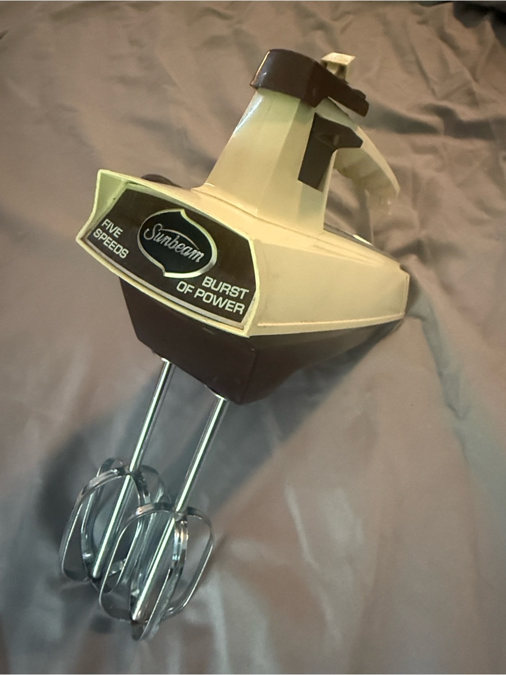 Vintage Sunbeam Hand Mixer in Cream and Brown